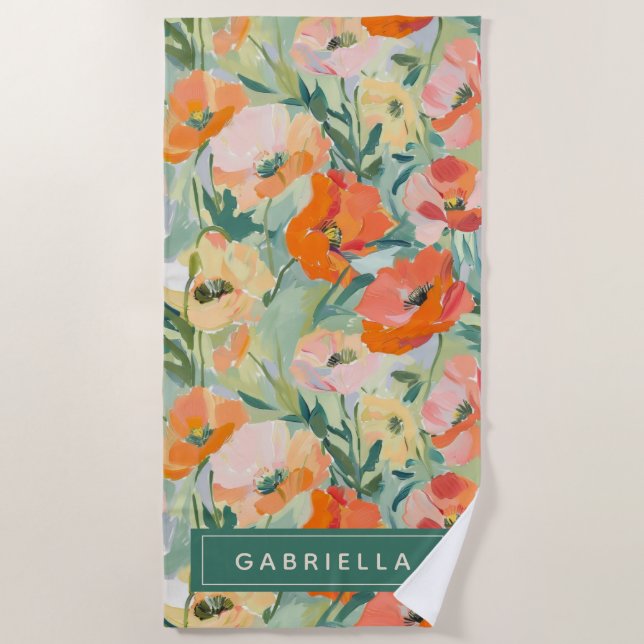 Toalla De Playa Naranja Abstracto Amapola Floral Personalizado (Anverso)