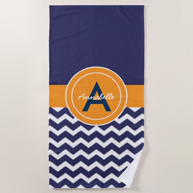 Toalla De Playa Naranja azul oscuro Chevron (Anverso)