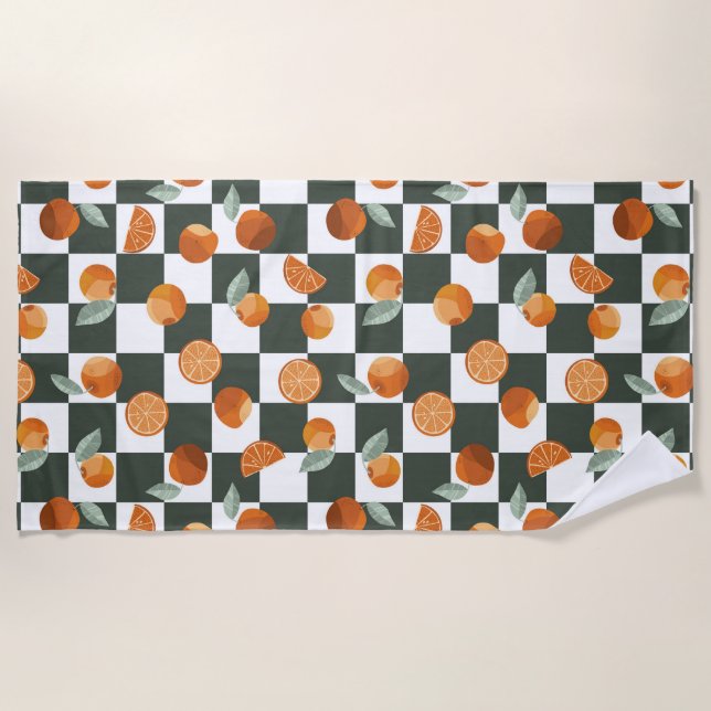 Toalla De Playa Naranja Bliss Dark Checkers Verde azulados (Anverso)