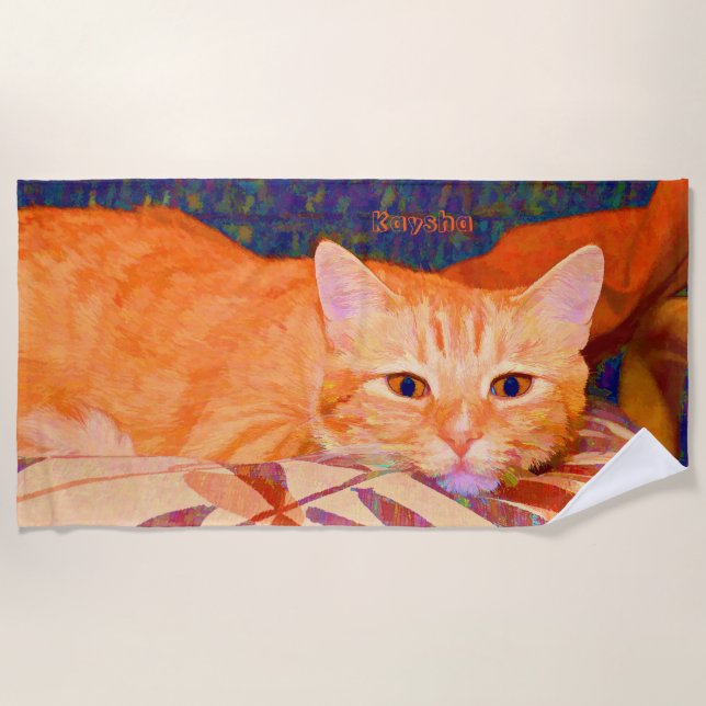 Toalla De Playa Naranja brillante lindo Tabby Cat (Anverso)
