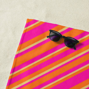 Toalla De Playa Naranja brillante patrón rayado amarillo y rosado