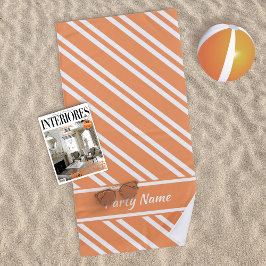 Toalla De Playa Naranja brillante y franjas blancas personalizadas