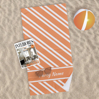 Toalla De Playa Naranja brillante y franjas blancas personalizadas