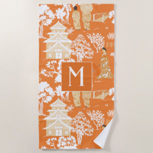 Toalla De Playa Naranja Chinoiserie Pagodas Monograma