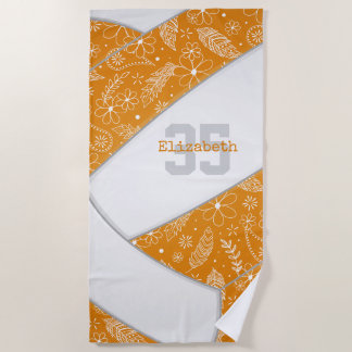 Toalla De Playa naranja de voleibol con forma de doodle floral