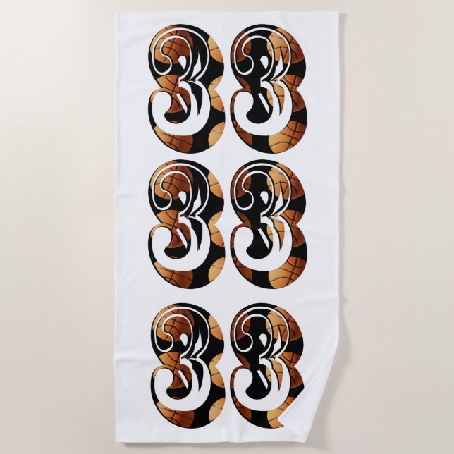 Toalla De Playa Naranja dimensional Número 33 de baloncesto negro, (Anverso)