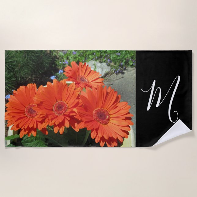 Toalla De Playa Naranja Monograma Daisy Photo (Anverso)