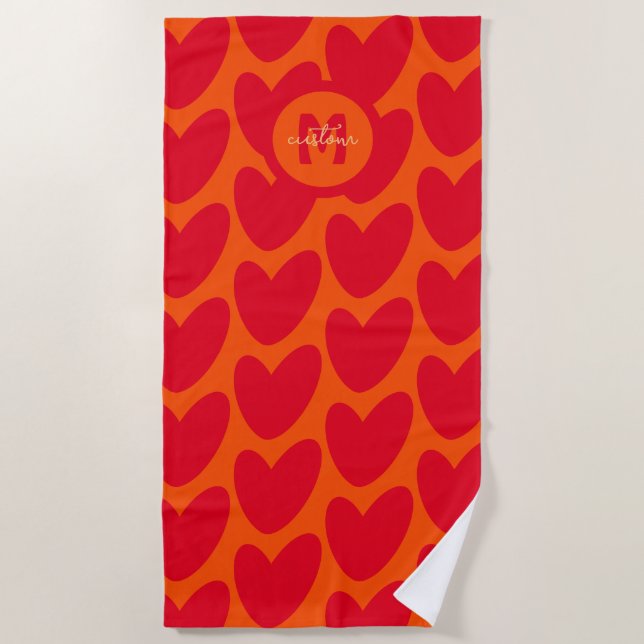 Toalla De Playa Naranja Retro Groovy Red Hearts Nombre Sobre Monog (Anverso)