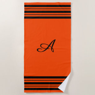 Toalla De Playa Naranja rojo con barras negras Monograma vertical