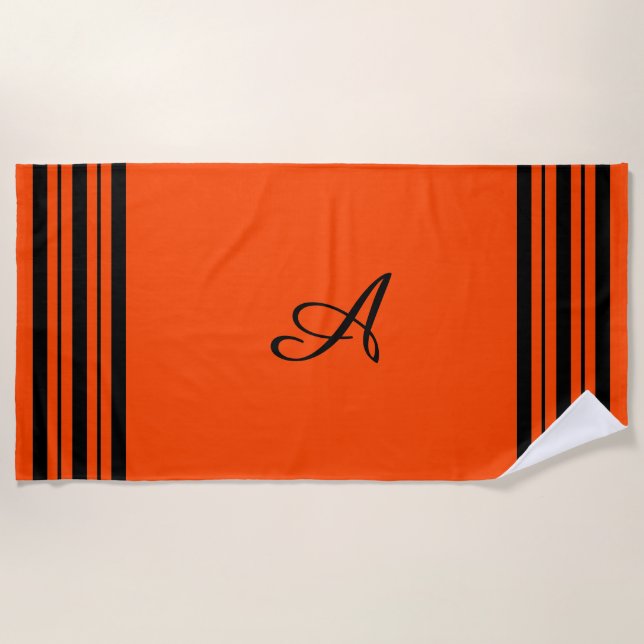 Toalla De Playa Naranja rojo con barras negras y monograma (Anverso)