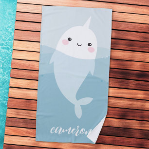Toalla De Playa Narwhal y olas lindo personalizado kawaii