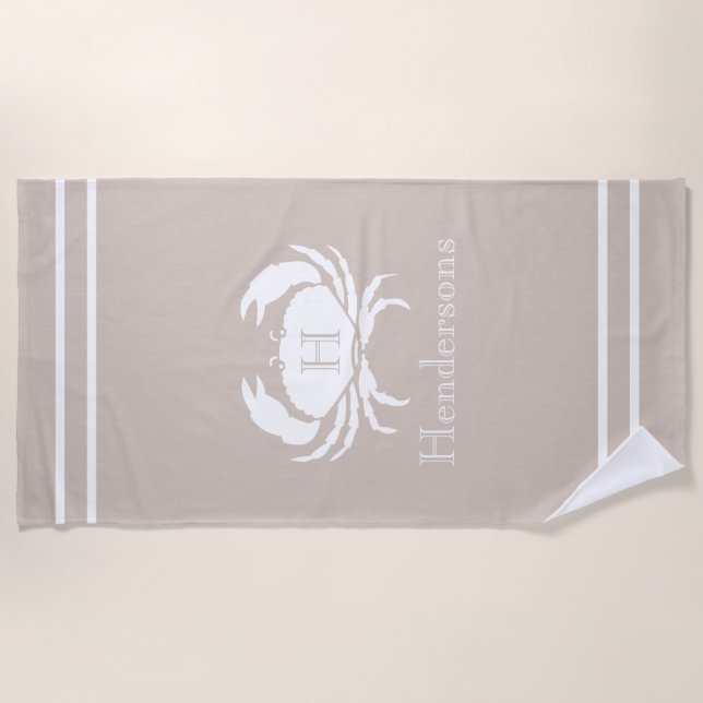 Toalla De Playa Nauta Sand Tan Taupe Blanco Cangrejo Monograma Nom (Anverso)