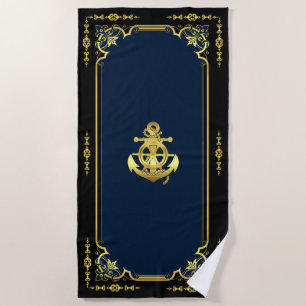 Toalla De Playa Náutica de la rueda/ancla marina-azul/oro 