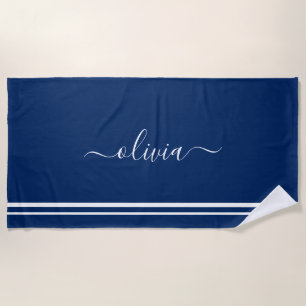 Toalla De Playa Nautical Add Name Script Navy Blue Stried