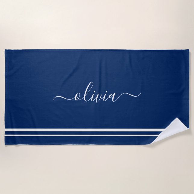 Toalla De Playa Nautical Add Name Script Navy Blue Stried (Anverso)