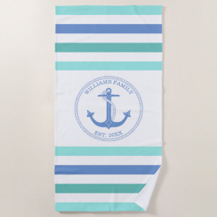 Toalla De Playa Nautical Anchor Blue Striped Monogramed Name