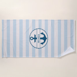 Toalla De Playa Nautical Anchor Blue White Personalizado
