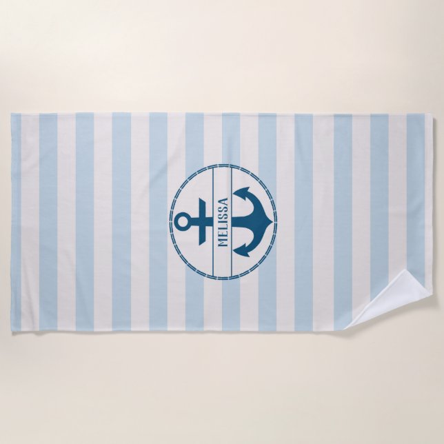 Toalla De Playa Nautical Anchor Blue White Personalizado (Anverso)