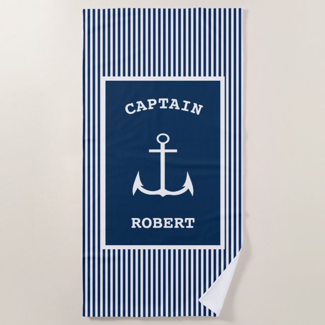 Toalla De Playa Nautical Anchor Captain Name Stripe (Anverso)