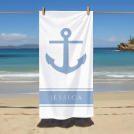 Toalla De Playa Nautical Anchor Custom Name Blue