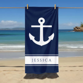 Toalla De Playa Nautical Anchor Custom Name Navy Blue