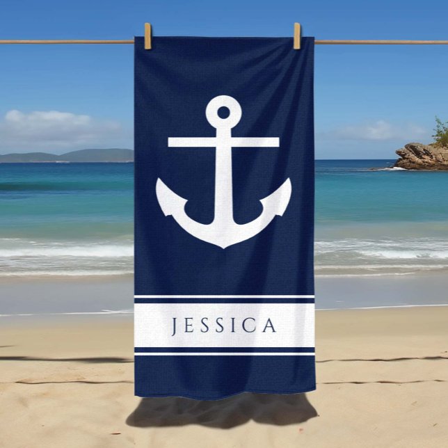 Toalla De Playa Nautical Anchor Custom Name Navy Blue (Nautical Anchor Custom Name Navy Blue Beach Towel)