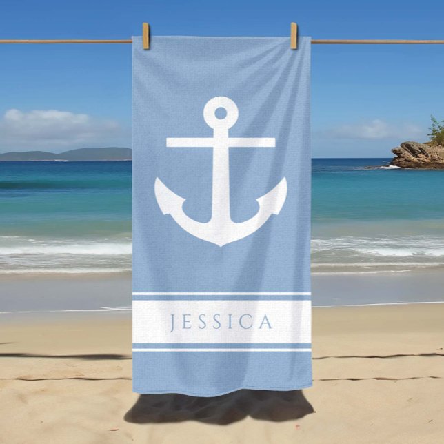 Toalla De Playa Nautical Anchor Custom Name Powder Blue (Nautical Anchor Custom Name Powder Blue Beach Towel)