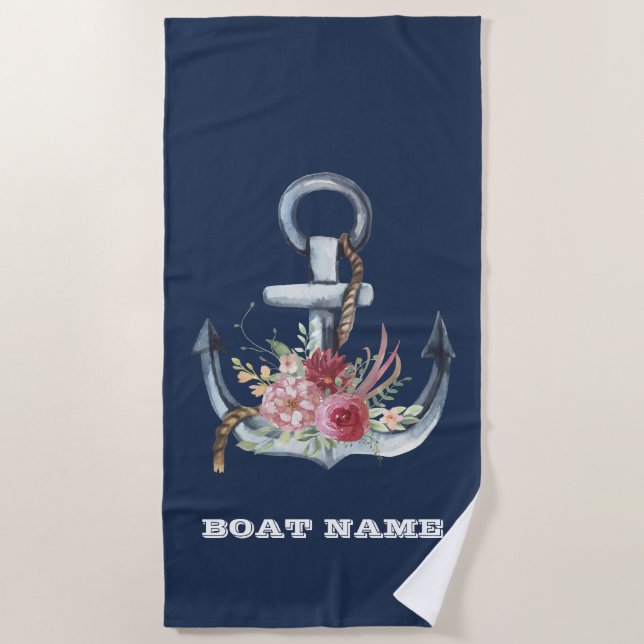 Toalla De Playa Nautical Anchor Floral Bote Nombre Marina Azul (Anverso)