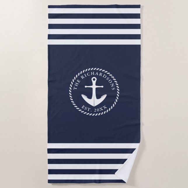 Toalla De Playa Nautical Anchor Name Modern Navy Blue White (Anverso)
