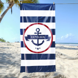 Toalla De Playa Nautical Anchor Name Navy Blue Stripes