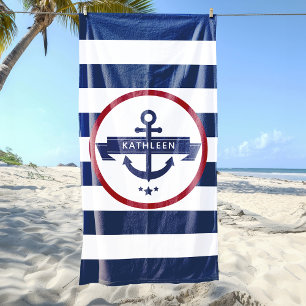 Toalla De Playa Nautical Anchor Name Navy Blue Stripes