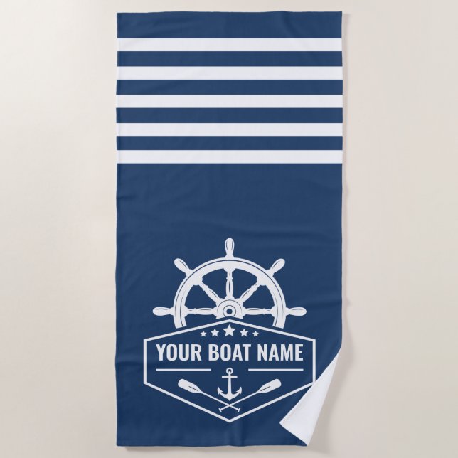 Toalla De Playa Nautical Anchor Oars Wheel tu nombre Azul y Blanco (Anverso)