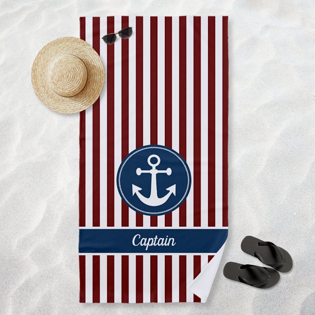 Toalla De Playa Nautical Anchor Rope Navy Red White Stripes Person (Nautical Anchor Rope Navy Red White Stripes Custom Beach Towel)