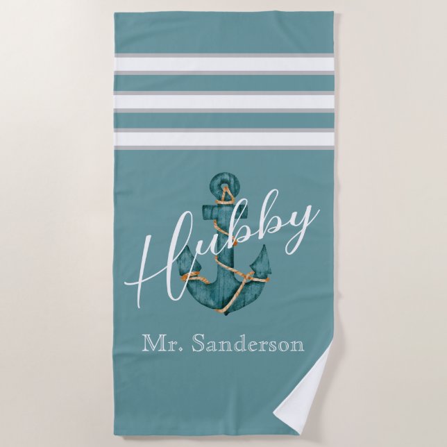 Toalla De Playa Nautical Aqua Teal Blue Anchor Hubby Honeymoon (Anverso)