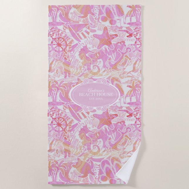 Toalla De Playa Nautical Beach Collage Hot Pink ID840 (Anverso)