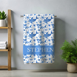 Toalla De Playa Nautical Blue Fish Starfish Personalizado