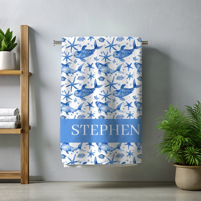 Toalla De Playa Nautical Blue Fish Starfish Personalizado (Subido por el creador)