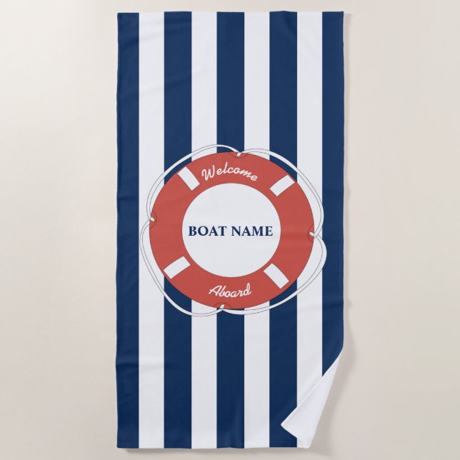 Toalla De Playa Nautical Blue Strike Welcome Aboard Bote Name (Anverso)