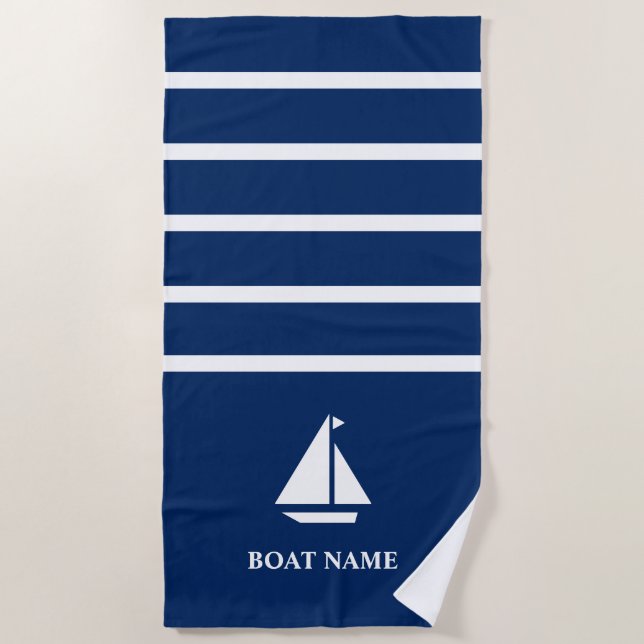 Toalla De Playa Nautical Boat Add Name Navy Blue Stried (Anverso)