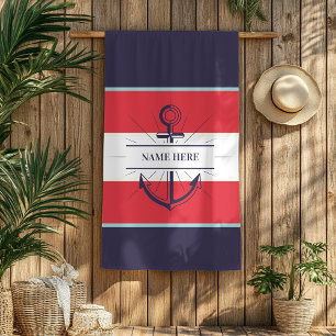 Toalla De Playa Nautical Boat Anchor Naval Azul Blanco Rojo