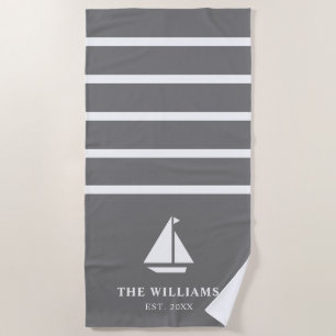 Toalla De Playa Nautical Boat Gray Stried Add Name Textos
