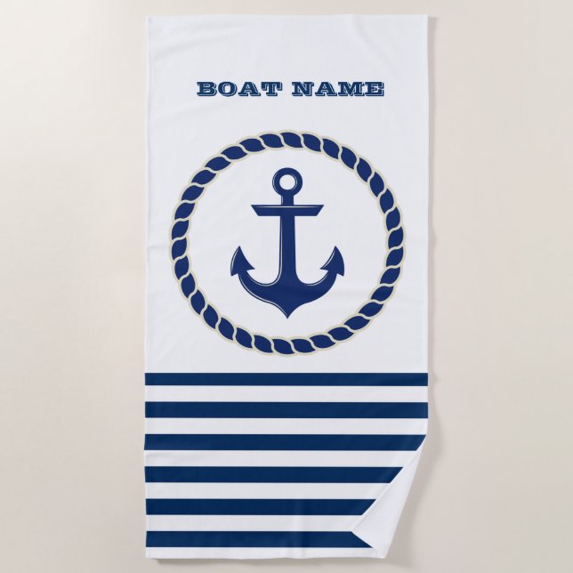 Toalla De Playa Nautical Boat Name,Anchor Naval Blue Stried (Anverso)