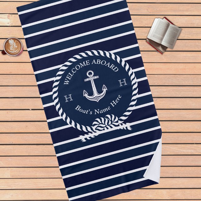 Toalla De Playa Nautical Boat Name Anchor Navy Blue Welcome (Subido por el creador)