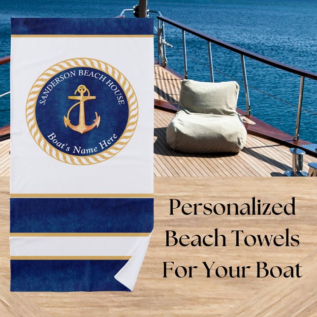Toalla De Playa Nautical Boat Name Anchor Rope Navy Blue Yellow (Subido por el creador)
