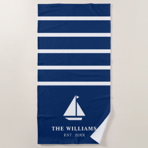 Toalla De Playa Nautical Boat Navy Blue Striped Add Name Textos