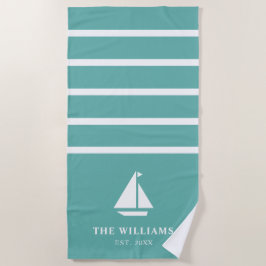 Toalla De Playa Nautical Boat Verde azulado Stried Add Name Textos