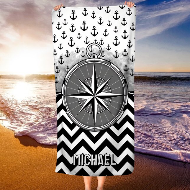 Toalla De Playa Nautical Compass Rose Anchors Black White Chevron (Subido por el creador)
