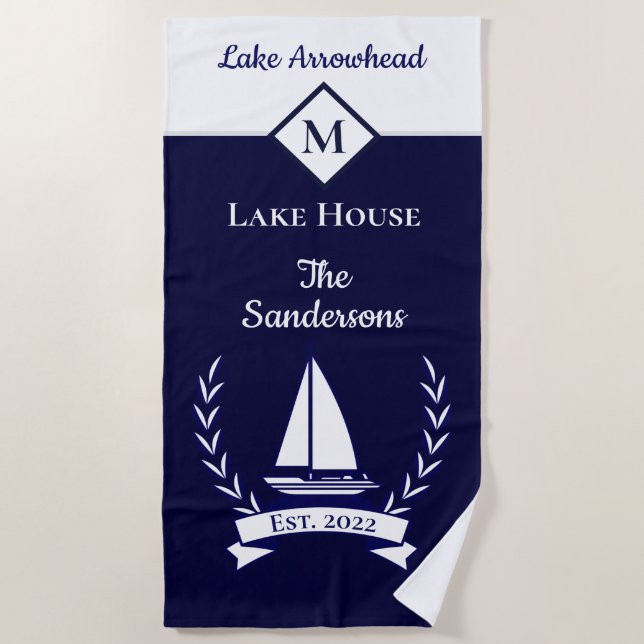 Toalla De Playa Nautical Dark Navy Blue Monogram Casa del Lago Bla (Anverso)