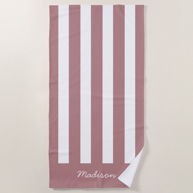 Toalla De Playa Nautical Dusty Pink & White Stried Custom Name (Anverso)