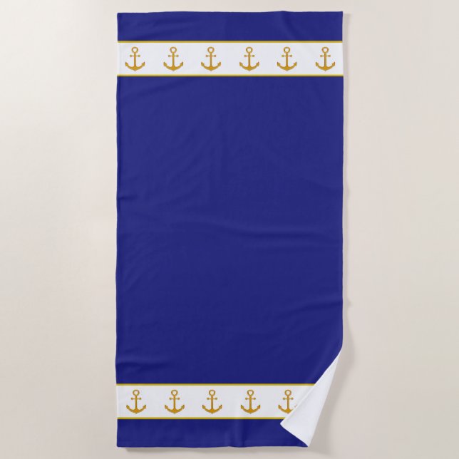 Toalla De Playa Nautical, Elegant Golden Anchors on Navy Blue (Anverso)